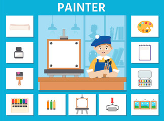 Obraz premium Educational game for kids. Puzzle. Learning cards. Professions. Painter and art tools. Preschool worksheet activity. Vector illustration