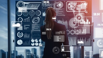 Big Data Technology for Business Finance Analytic conceptual . Modern graphic interface shows massive information of business sale report, profit chart and stock market trends analysis .