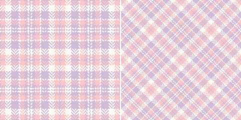 Tweed check plaid pattern in pastel lilac purple, pink, off white. Herringbone textured small seamless tartan background for dress, jacket, other modern spring summer fashion textile print.