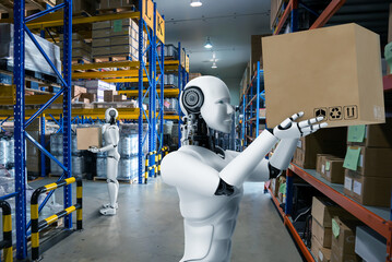 Innovative industry robot working in warehouse for human labor replacement . Concept of artificial...