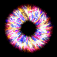 Illustration of a electrify human iris on black background. Digital artwork creative graphic design.
