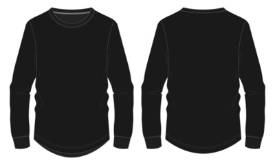 Long sleeve with round style bottom  basic t shirt technical fashion flat sketch vector template. Cotton jersey apparel design Black color mock up front, back views isolated on white background. 