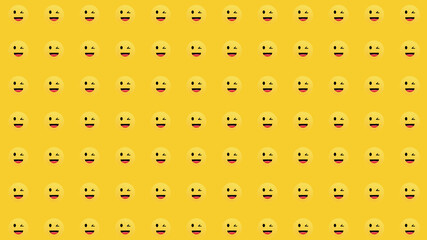 Happy smiley face pattern in a yellow empty space background. Funny cartoon colorful character.