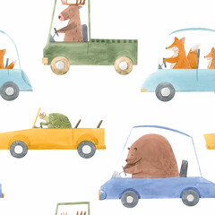 Beautiful vector seamless baby pattern with cute hand drawn watercolor animal drivers in cars. Stock illustration.