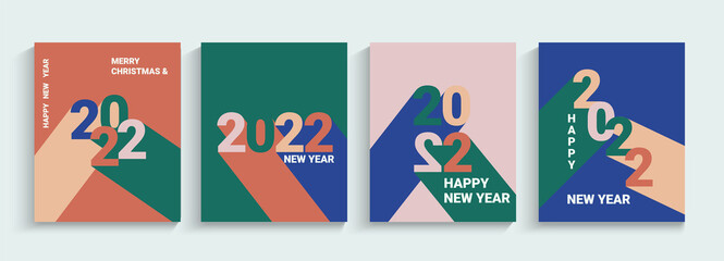 2022 New year, set greeting banners,flyers.Numbers with long different colors shadows.Collection posters,cards in simple geometric style.Design templates for cover,social media,leaflet,header. Vector.