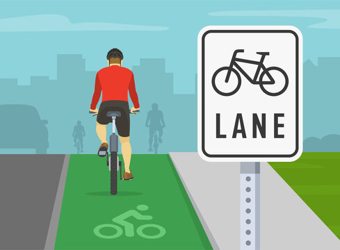 Bicycle Driving Tips. Back View Of People Cycling On Bike Path. City Bike Lane Traffic Or Road Sign. Flat Vector Illustration Template.