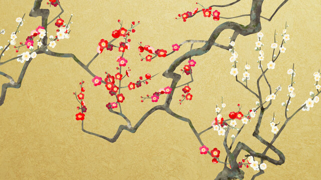 Oriental plum blossom and gold leaf background