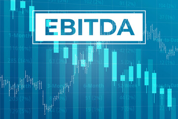 Financial term EBITDA - Earnings before interest, taxes, depreciation and amortization on blue finance background from graphs, charts. Trend Up and Down. 3D render