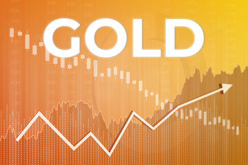 Price change on trading Gold futures on yellow and orange finance background from graphs, charts, columns, pillars, candles, numbers. 3D render