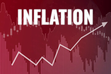 Inflation chart on red finance background from graphs, charts, columns, pillars, arrow, candles, bars. Trend Up and Down. 3D render