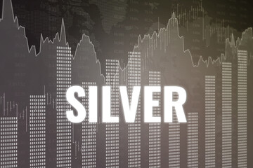 Price change on trading Silver on gray brown finance background from graphs, charts, columns, candles, bars. Trend Up and Down, Flat. 3D render