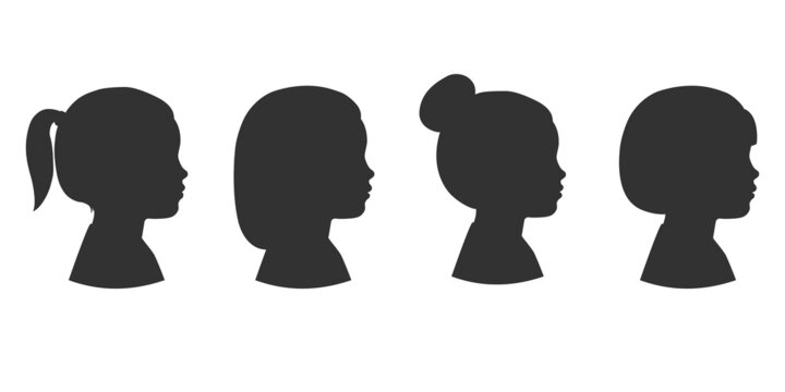 Collection of silhouettes of girls with different hairstyles. Preschool child. Vector illustration isolated on white background
