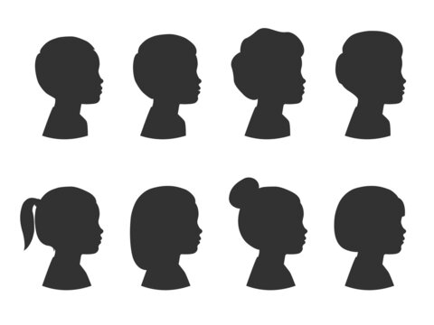 Collection of silhouettes of boys and girls with different hairstyles. Preschool child. Vector illustration isolated on white background
