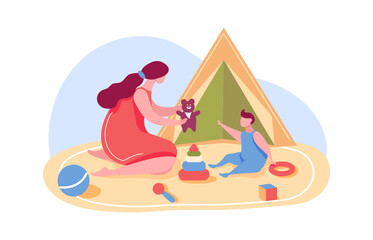 Mother plays with son, nurse in kindergarten. Mother and son play in game with toys, family parent and child happy spend time vector illustration