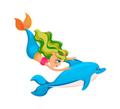 Dolphin and colored mermaid swim together underwater. Vector cartoon ocean character happy princess illustration