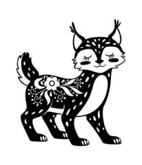 Fototapeta na wymiar Lynx cat black white sketching image isolated on white. Illustration of sketch wild black lynx isolated, vector animal wildlife hand drawing