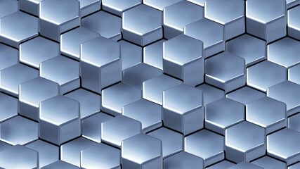 Silver 3D hexagons geometric background, lustrous chrome metallic shapes stacks, render technology illustration.