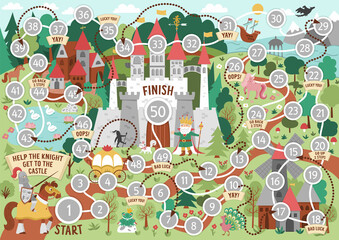 Fairytale dice board game for children with medieval village landscape. Magic kingdom boardgame.  Fairy tale activity or printable worksheet for kids. Help the knight get to the castle. © Lexi Claus