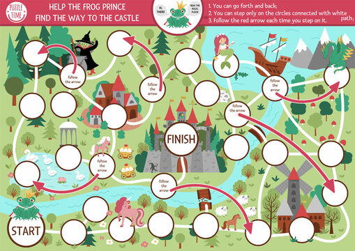 Fairytale dice board game for children with medieval village map. Magic kingdom boardgame.  Fairy tale activity or printable worksheet for kids. Help the frog prince find the way to the castle.