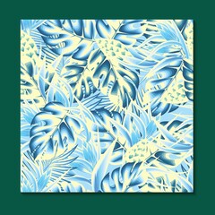 abstract tropical plants seamless pattern with monochromatic blue color monstera and palm leaves. floral background. fashionable vector texture. exotic summer. jungle