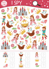 Obraz premium Fairytale fantasy I spy game for kids. Searching and counting activity with castle, princess, prince. Magic kingdom printable worksheet for preschool children. Simple fairy tale spotting puzzle.