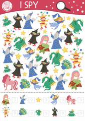 Fairytale I spy game for kids with fantasy creatures. Searching and counting activity with witch, dragon, frog prince. Magic kingdom printable worksheet. Simple fairy tale spotting puzzle.