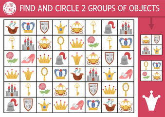 Fairytale seek and find game with traditional symbols. Attention skills training puzzle with castle, crown, carriage. Magic kingdom printable activity for kids. Fantasy searching puzzle