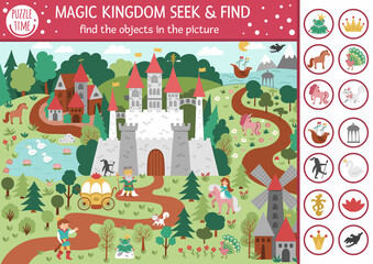 Vector fairytale searching game with medieval castle landscape. Spot hidden objects in the picture. Simple fantasy seek and find magic kingdom educational printable activity for kids.