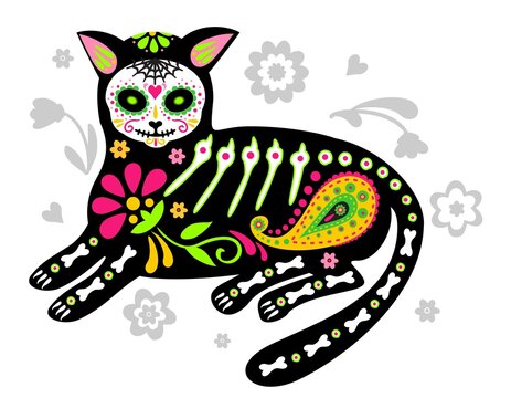 Greeting card with cat, skeleton with floral patterns. Colorful cats. Vector illustration. For calendar, postcard, and decor. Day of the dead, Dia de los muertos, animals skeletons collection