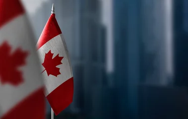 Fotobehang Canada Kleine vlaggen van Canada op een wazige achtergrond van de stad