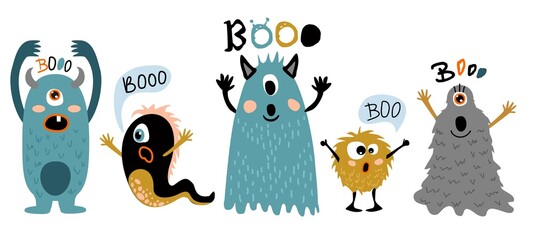 Cartoon monsters. Cute creatures with fun face, little funny symbols of horror, humor characters for mascot, vector illustration monsters for stickers isolated on white. Halloween elements.