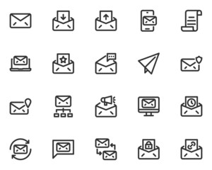 set of email line icons, envelope, sending, communication