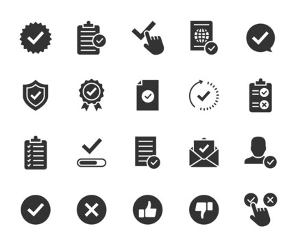 Vector set of approved flat icons. Contains icons accepted document, approved and rejected, checklist, warranty, stamp, quality control and more. Pixel perfect.