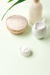 Fototapeta na wymiar Vegan rice milk, non dairy alternative milk in a glass bottle close up