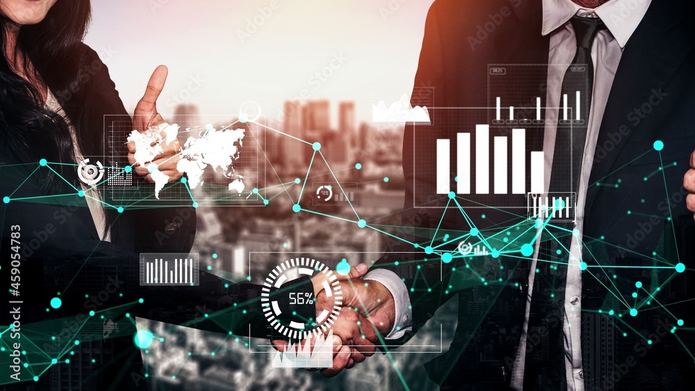 Poster conceptual business handshake with dashboard for financial data analysis . 3d render computer graphi
