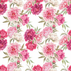 Beautiful vector seamless floral pattern with hand drawn watercolor gentle pink peony flowers. Stock illuistration. - obrazy, fototapety, plakaty