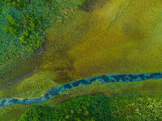 Abstract Nature Pattern in Wetland and Grassland in Slovenia Drone View