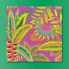 Fashionable abstract seamless background with colorful tropical leaves and flowers on delicate background. Vector design. Jungle print. Floral background. Exotic tropics. Summer