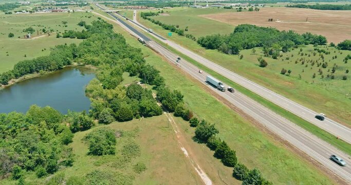Aerial view of oil pump in the countryside the small pond near historic road 66 in Clinton Oklahoma on aerial view landscape