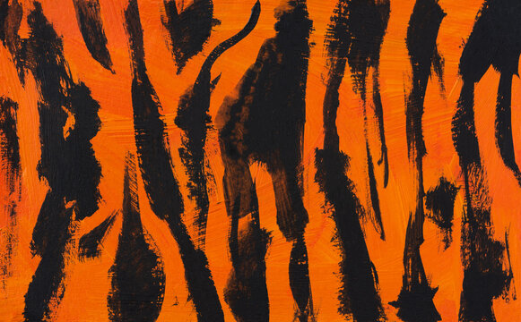 Tiger. Orange black striped acrylic. Abstract painting, conceptual texture of African cat skins, festive Halloween primary colors. The original fragment of the picture. Fashionable design background