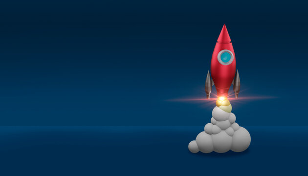Rocket taking off as a startup. 3D rendering.