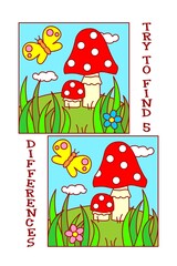 Find differences visual puzzle or picture riddle with toadstools and butterfly. 
