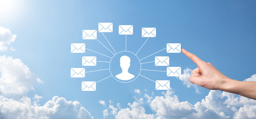Male hand holding letter icon,email icons .Contact us by newsletter email and protect your personal...