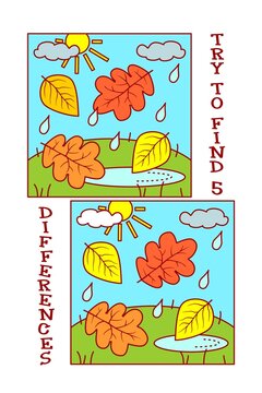 Find differences visual puzzle or picture riddle with falling leaves in autumn. 
