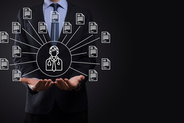 Document Management System DMS .Businessman hold doctor and document icon.Software for archiving, searching and managing corporate files and information.Internet Technology Concept.Digital security.