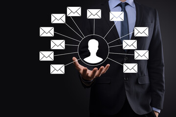 Male hand holding letter icon,email icons .Contact us by newsletter email and protect your personal...