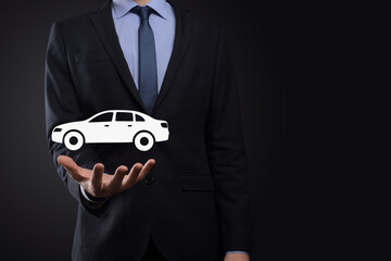 Digital composite of Man holding car icon.Car automobile insurance and car services concept....
