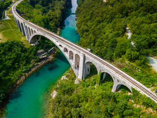 Solkan Bridge in Slovenia over River Soca. World Largest Stone Rail Bridge