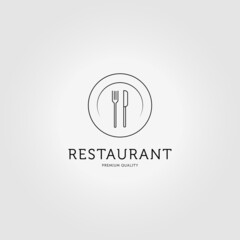 minimalist line art plate fork knife logo vector illustration design concept