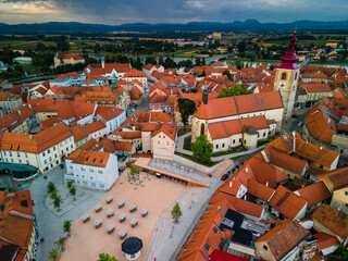Obraz premium Drone View over Ptuj Town in SLovenia at Sunrise